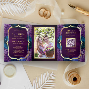Invitación Tríptica Galaxia azul Mandala púrpura Código QR Boda indio