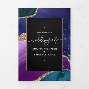 Invitación Tríptica Galaxia Peacock Galaxy Agate Stone Boda Tri-Fold