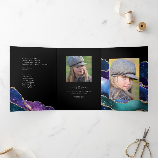 Invitación Tríptica Galaxy Agate Quinceañera Foto (Interior)