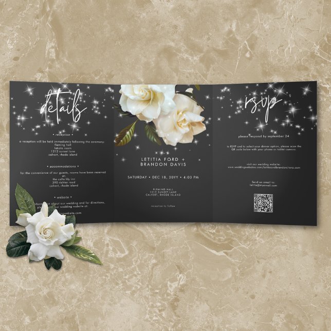 Invitación Tríptica Gardenias blancas modernas sobre el Boda de la esp (Modern White Gardenias on Black Sparkle Wedding Tri-Fold Invitation)