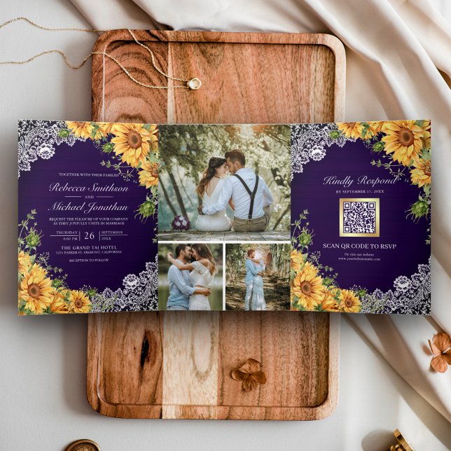 Invitación Tríptica Girasol Rústico Real Púrpura Madera Código QR Boda (Subido por el creador)