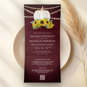Invitación Tríptica Girasoles de Borgoña Calabaza Blanca Código QR Bod