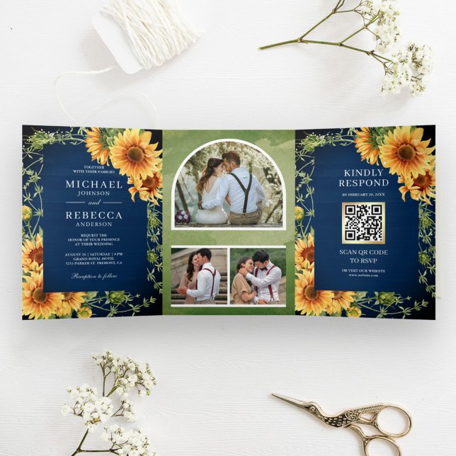 Invitación Tríptica Girasoles de Madera de la Marina Foto Código QR de (Subido por el creador)
