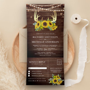 Invitación Tríptica Girasoles de Madera del Granero Floral Cuerno de A