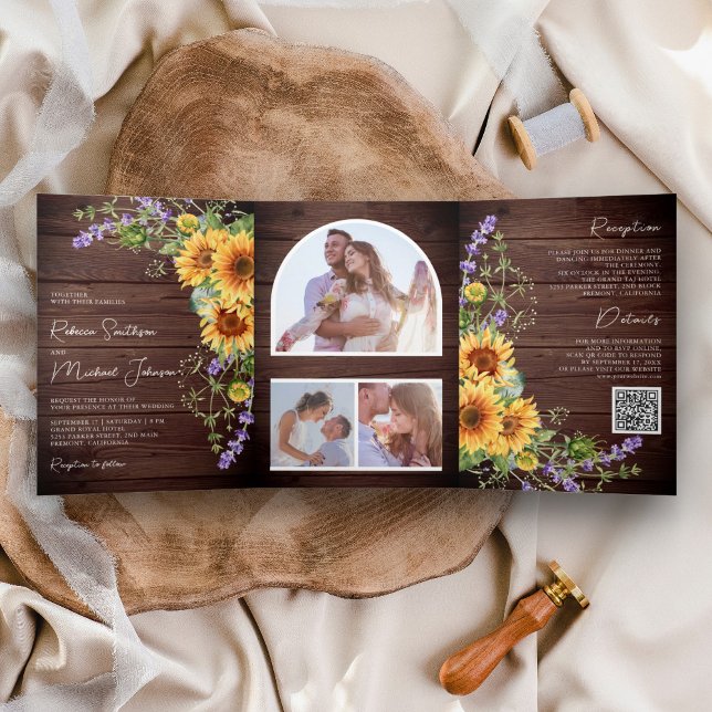 Invitación Tríptica Girasoles de Madera Rústica Código QR de Bodas Lav (Subido por el creador)