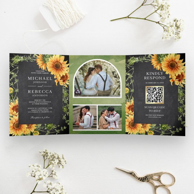 Invitación Tríptica Girasoles en Pizarra Foto Arco Código QR Boda (Subido por el creador)