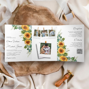 Invitación Tríptica Girasoles Eucalipto Todo en un Código QR de Boda