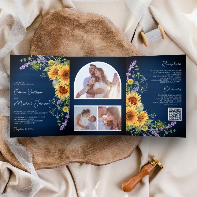 Invitación Tríptica Girasoles Lavanda Azul Marino Código QR Boda (Subido por el creador)