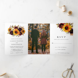 Invitación Tríptica Girasoles Rústico Otoño Floral Foto Boda Elegante