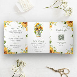 Invitación Tríptica Girasoles Rústicos Código QR en Tarro de Mason par