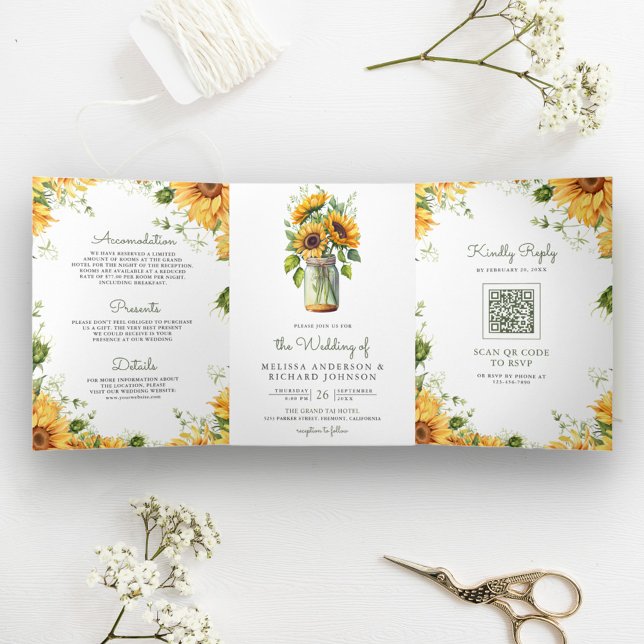 Invitación Tríptica Girasoles Rústicos Código QR en Tarro de Mason par (Subido por el creador)