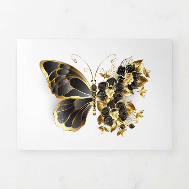Invitación Tríptica Gold Flower Butterfly with Black Orchid (Foto de portada)