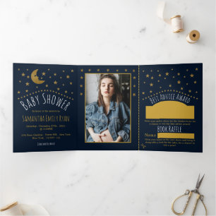 Invitación Tríptica Gold Moon & Stars, Midnight Blue Baby Shower Suite