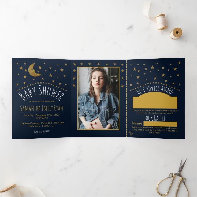 Invitación Tríptica Gold Moon & Stars, Midnight Blue Baby Shower Suite (Interior)