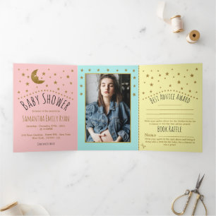Invitación Tríptica Gold Moon & Stars, Pastel Color Baby Shower Suite