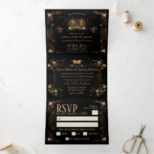 Invitación Tríptica Golden Elegant Skeletons (foto) RECEPCIÓN & MENU