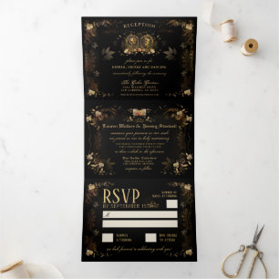 Invitación Tríptica Golden Elegant Skeletons RECEPTION & NON-MENU RSVP