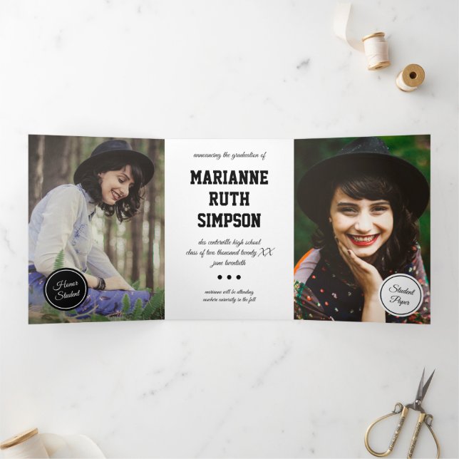 Invitación Tríptica Graduación de 5 fotografías en círculos negros (Interior)