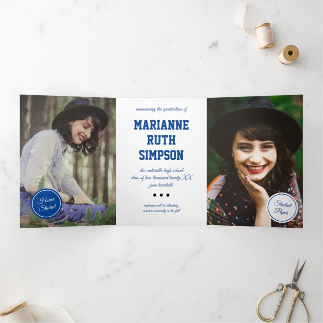 Invitación Tríptica Graduación de 5 fotos de Círculos Azules (Interior)