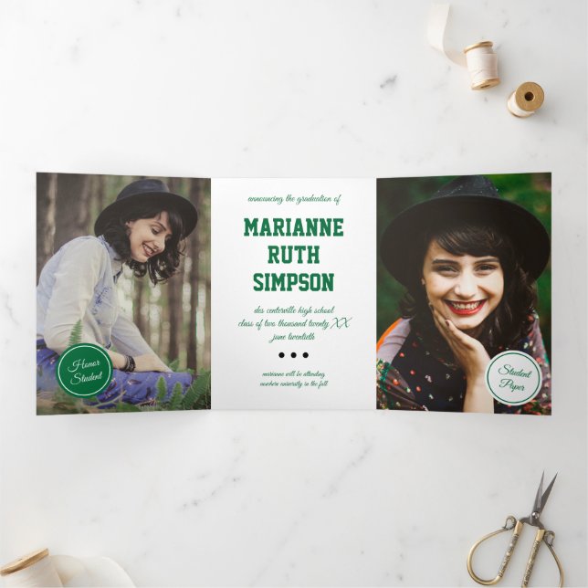 Invitación Tríptica Graduación de 5 fotos de Círculos verdes (Interior)