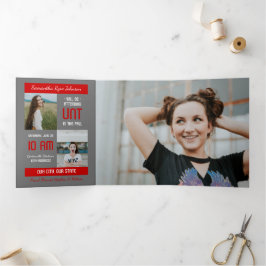 Invitación Tríptica Graduación de 5 fotos del Bloque Rojo Moderno