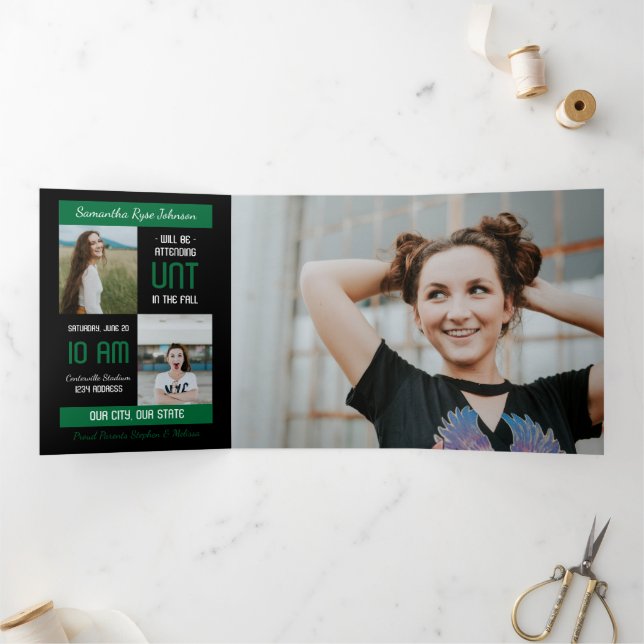 Invitación Tríptica Graduación de 5 fotos del bloque verde moderno (Interior)