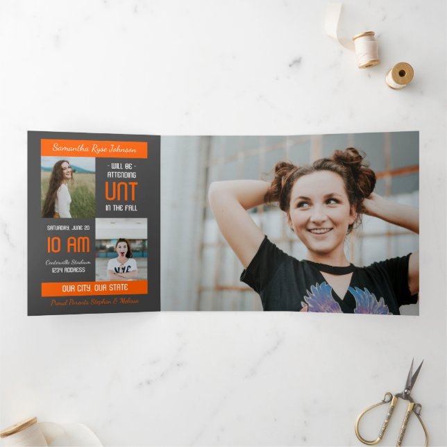 Invitación Tríptica Graduación de 5 fotos en bloque moderno naranja (Interior)