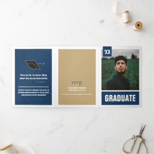 Invitación Tríptica Graduación de Foto Texturizada Moderna Azul Marino