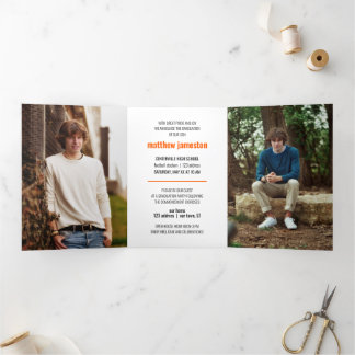 Invitación Tríptica Graduación de fotografía naranja negrita y moderna