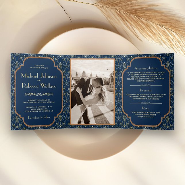 Invitación Tríptica Gran Gatsby de Boda Art Deco de la Marina Azul (Subido por el creador)