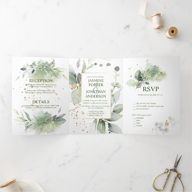 Invitación Tríptica Green & Gold deja Boda botánico | (Interior)