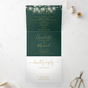 Invitación Tríptica Green Gold String Luces Script Monograma Boda
