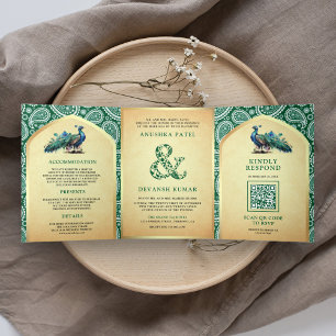 Invitación Tríptica Green Paisley Indian Peacock QR Code Boda