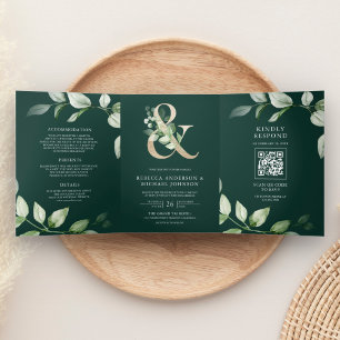 Invitación Tríptica Greeneration Gold Ampersand QR Code Emerald Boda