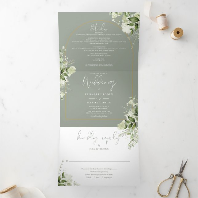 Invitación Tríptica Greeneration Gold Arch Foto de Sage Green Boda (Interior)