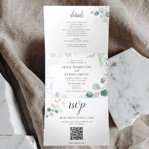 Invitación Tríptica Greenery Eucalyptus Elegant QR Code Boda