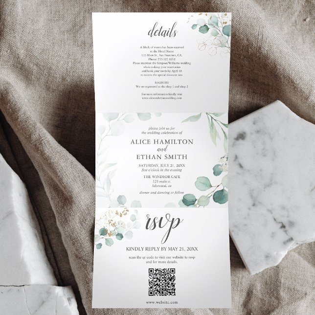 Invitación Tríptica Greenery Eucalyptus Elegant QR Code Boda (Subido por el creador)