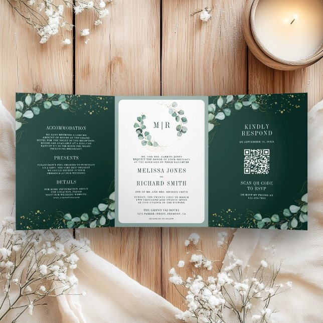 Invitación Tríptica Greenery Eucalyptus Emerald Green QR Code Wedding (Subido por el creador)
