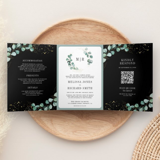 Invitación Tríptica Greenery Gold Eucalyptus Boda de código QR negro (Subido por el creador)