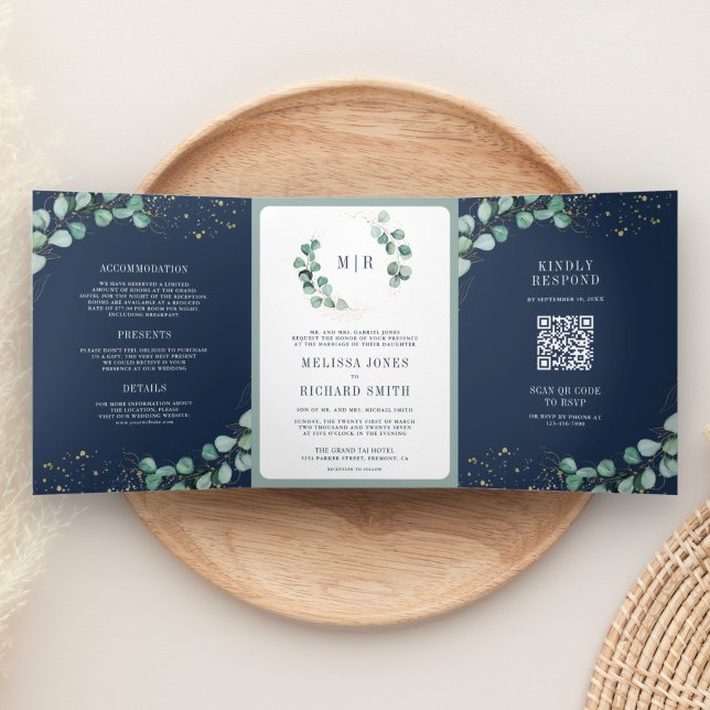 Invitación Tríptica Greenery Gold Eucalyptus Navy Blue QR Code Boda (Subido por el creador)
