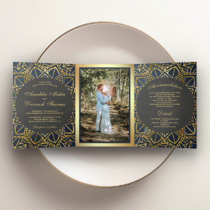 Invitación Tríptica Gris Gris Gris Gris moderno Mandala Boda indio