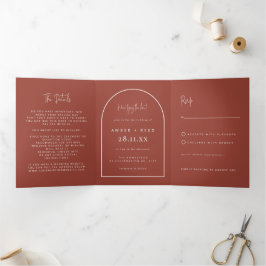 Invitación Tríptica Guión de Boda Terracota de Arco Moderno