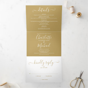Invitación Tríptica Guión de firma Elegante Boda de Foto de Oro