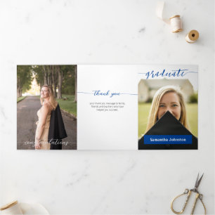 Invitación Tríptica Guión de Graduado Azul Moderno Tres Fotos