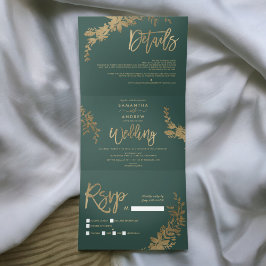 Invitación Tríptica Guión dorado de moda Boda elegante Floral Leaf