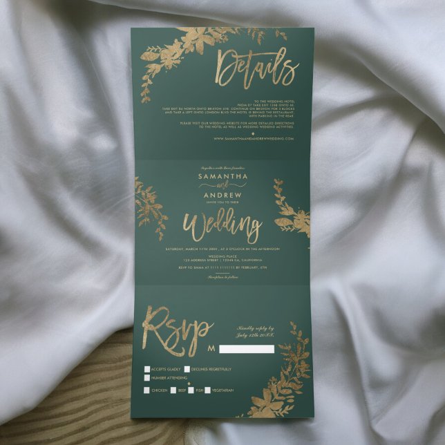 Invitación Tríptica Guión dorado de moda Boda elegante Floral Leaf (Chic gold script Floral leaf elegant wedding Tri-Fold Invitation)