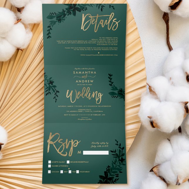 Invitación Tríptica Guión dorado de moda Boda floral verde elegante (Subido por el creador)