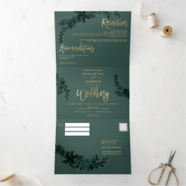 Invitación Tríptica Guión dorado de moda Boda floral verde elegante