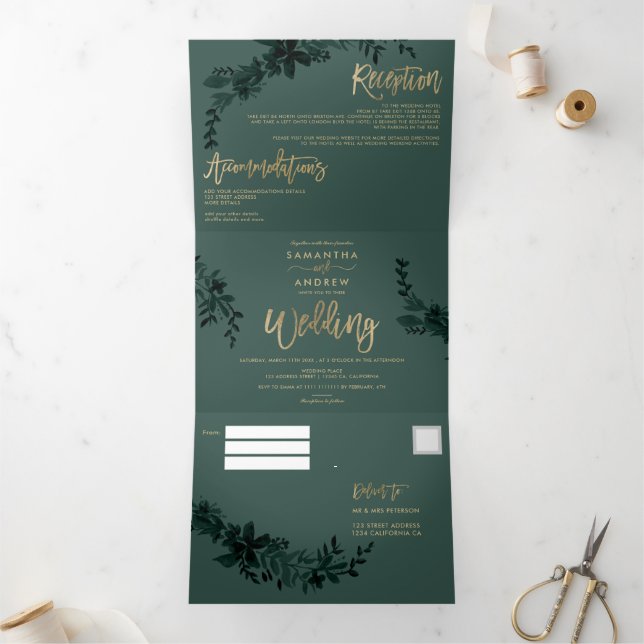 Invitación Tríptica Guión dorado de moda Boda floral verde elegante (Interior)