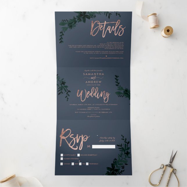 Invitación Tríptica Guión dorado Rosa Boda floral azul elegante (Interior)